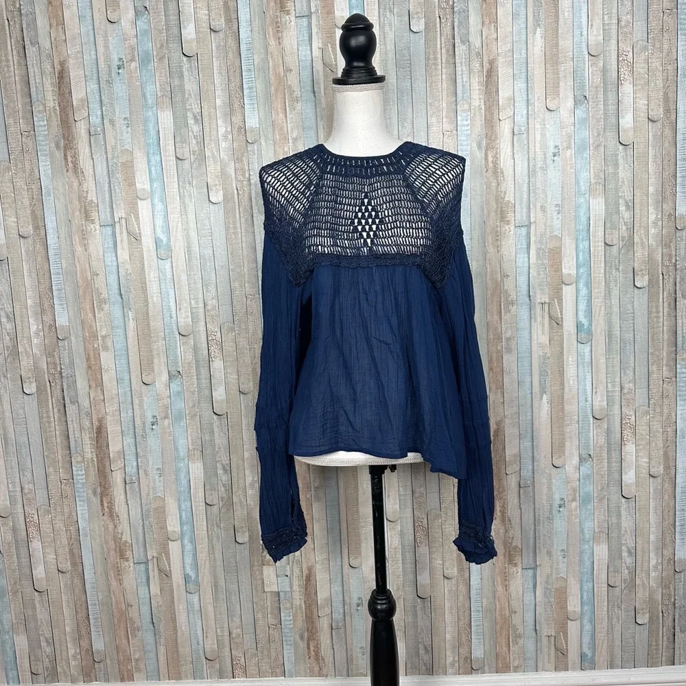 Free People M Navy Blue Gauze‎ Crochet Lace Bib Early Frost Top Blouse Boho